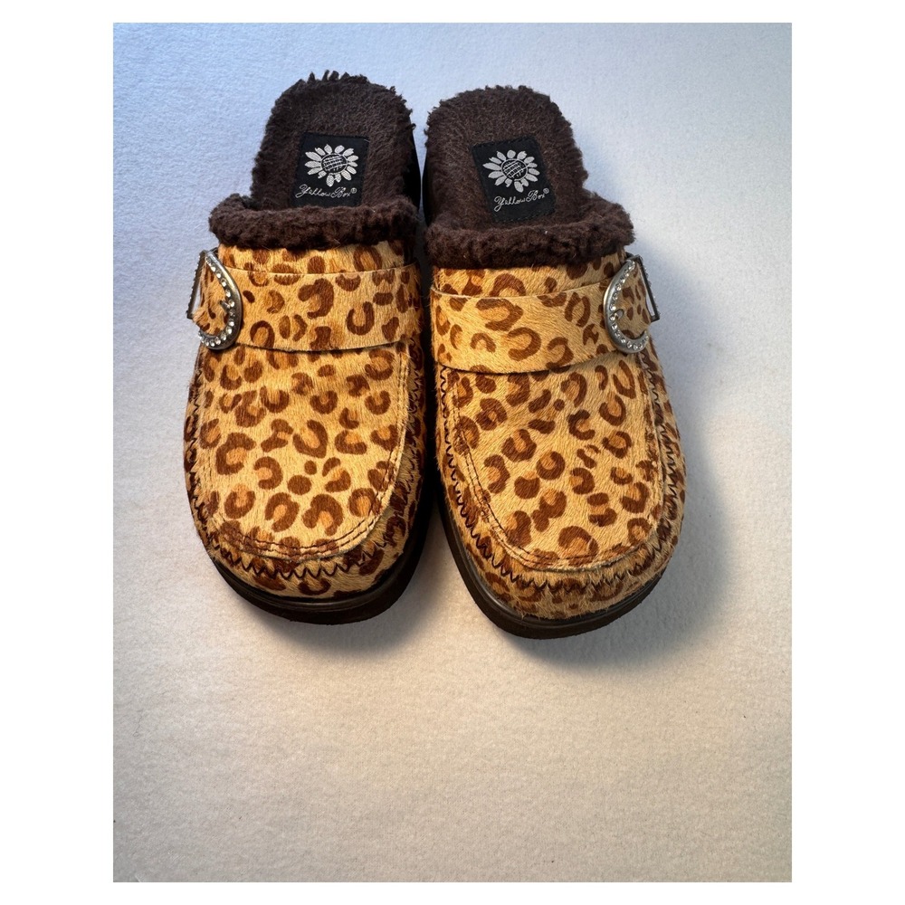Yellow Box Women's Size 7 Leopard Print Faux Fur Clogs Y2K Western Buckle